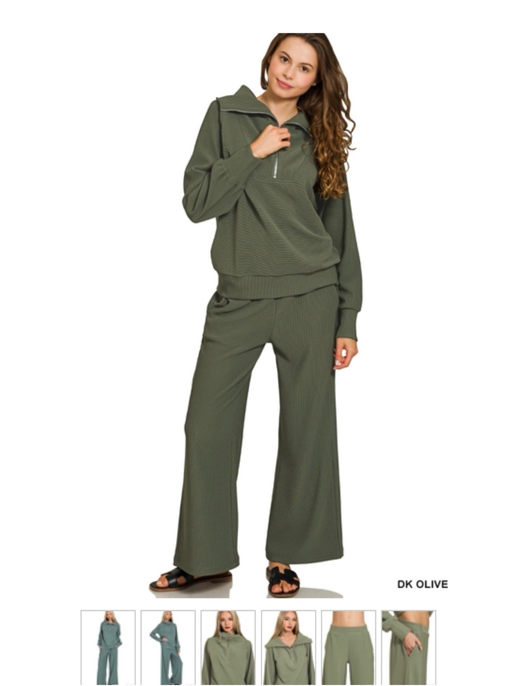 Zenana DK Olive Premium Ribbed Knit Wide-Leg Pants and Half Zip Pull Over Set - Picture 2 of 2